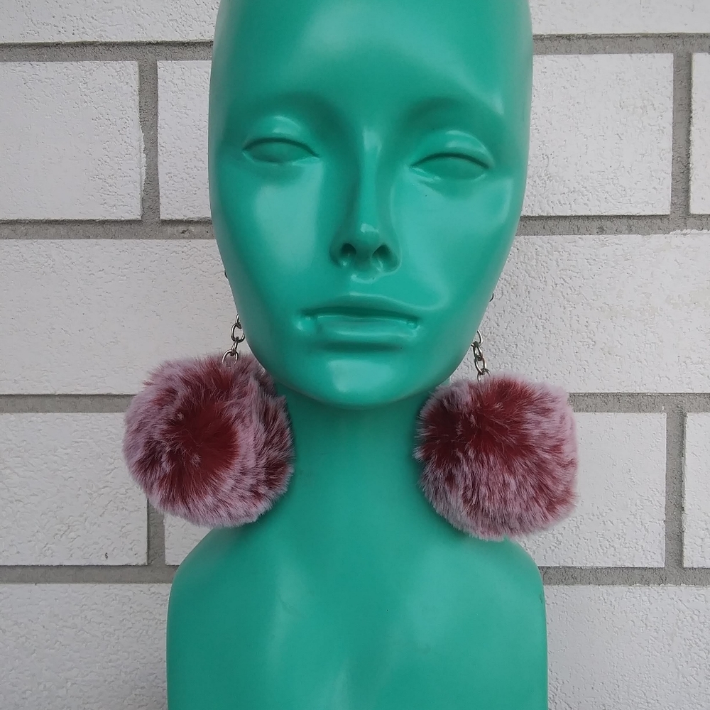 Cranberry White Fluffy Puff Pompom Earrings